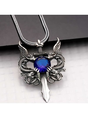 DMR Elegance Gümüş Mavi Taşlı Ejderha Erkek Kılıç Kolye