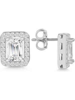 DMR Elegance Gümüş Beyaz Baget Taşlı Çivili Kadın Küpe