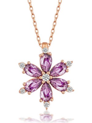 DMR Elegance Gümüş Rose Mor Lotus Çiçeği Kadın Kolye