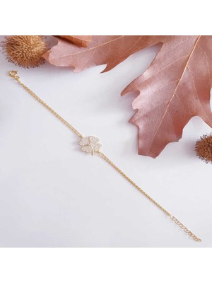 DMR Elegance Gümüş Gold Kalpli Yonca Kadın Bileklik