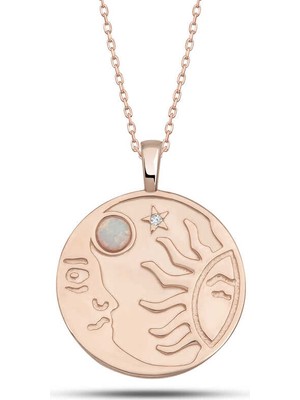 DMR Elegance Gümüş Rose Opal Beyaz Taşlı Ay Güneş Kadın Kolye
