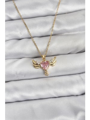 Ayder Timya 316L Çelik Zincir Gold Renk Kanatlı Kalp Model Zirkon Taşlı Kadın Kolye - TJ-BKO10837 TG/Tmy229360