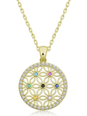 DMR Elegance Gümüş Gold Renkli Taşlı Yaşam Çiçeği Kadın Kolye