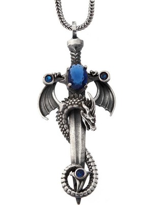 DMR Elegance Gümüş Safir Taşlı Ejderha Erkek Kılıç Kolye