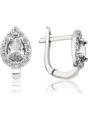 DMR Elegance Gümüş Beyaz Taşlı Damla J Kadın Küpe