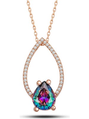 DMR Elegance Gümüş Rose Mistik Topaz Taşlı Damla Kadın Kolye