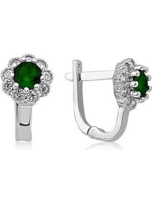 DMR Elegance Gümüş Yeşil Çiçek Desenli Yuvarlak J Kadın Küpe