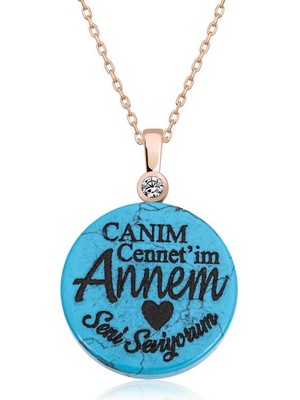 DMR Elegance ​gümüş Rose Turkuaz Taşlı Annem Yazılı Kadın Kolye