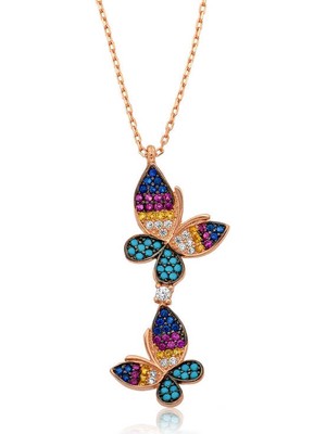 DMR Elegance Gümüş Rose  Çift Kelebek Bayan Kolye