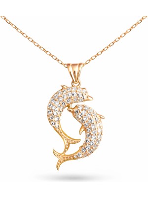 DMR Elegance Gümüş Rose Çift Yunus Balığı Kadın Kolye