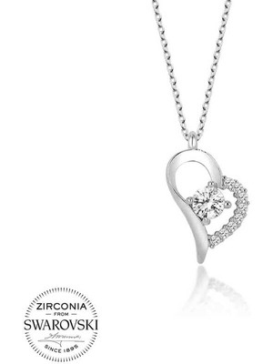 DMR Elegance Swarovski Taşlı Gümüş Kalp Tektaş Bayan Kolye