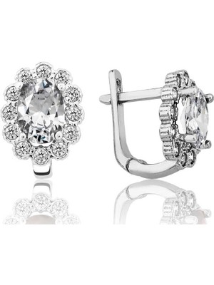 DMR Elegance Gümüş Beyaz Çiçek Desenli J Kadın Küpe