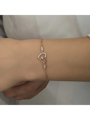 DMR Elegance Gümüş Rose Kalpli Tektaş Kadın Bileklik