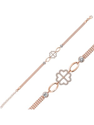 DMR Elegance Gümüş Rose Kalpli Yonca Bileklik