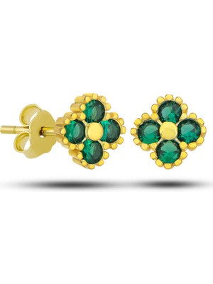 DMR Elegance Gümüş Gold Yonca Çivili Yeşil Taşlı Çocuk Küpe