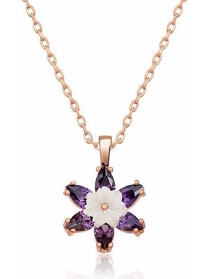 DMR Elegance Gümüş Rose Mor Lotus Çiçeği Kolye