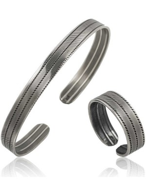 DMR Elegance Gümüş Çizgi Desenli Bileklik ve Yüzük Set