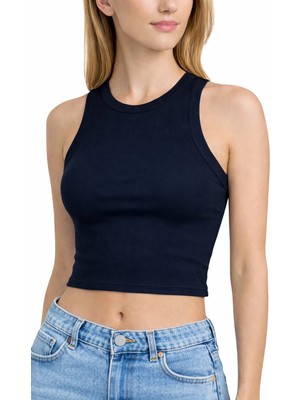 Kadın Lacivert Fitilli Görünümlü Askılı Kalın Esnek Örme Basic Crop Atlet Bluz CMRB93