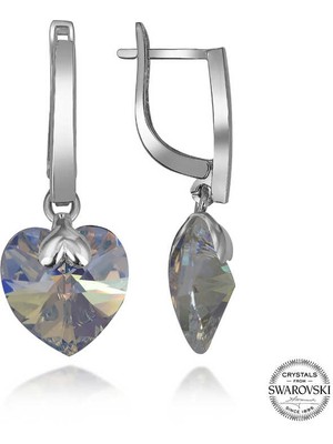 DMR Elegance Swarovski Crystal Taşlı Gümüş Beyaz Kalp Sallantılı Kadın Küpe
