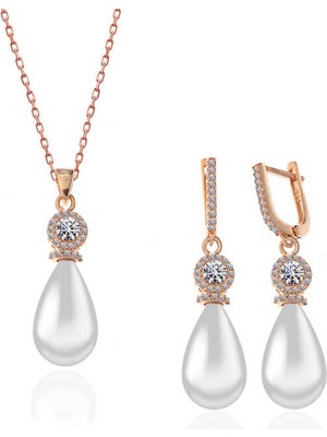 DMR Elegance Gümüş Rose Damla İnci Kadın Set