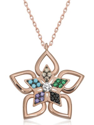 DMR Elegance ​gümüş Rose Renkli Taşlı Çiçek Kadın Kolye