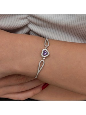 DMR Elegance Gümüş Mor Zirkon Taşlı Kalp Bileklik