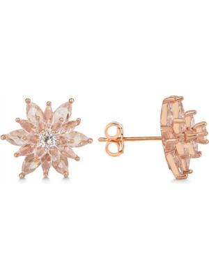 DMR Elegance Gümüş Rose 4 Katman Lotus Çiçeği Kadın Çivili Küpe