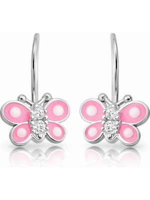 DMR Elegance Gümüş Sallantılı Pembe Kelebek Çocuk Küpesi