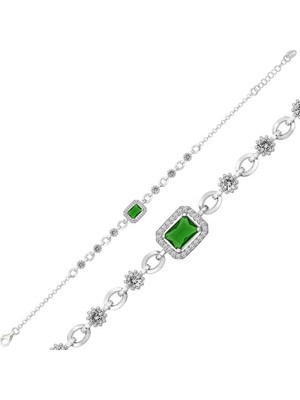 DMR Elegance Gümüş Yeşil Baget Taşlı Bayan Bileklik