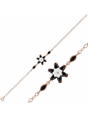 DMR Elegance Gümüş Rose Siyah Lotus Çiçeği Bileklik