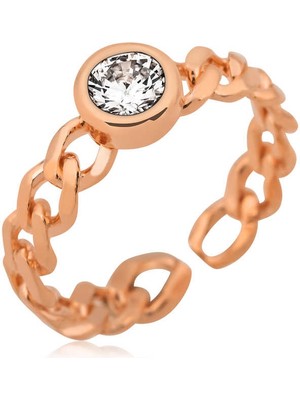 DMR Elegance Gümüş Rose Zincir Desenli Tek Taş Bayan Yüzük