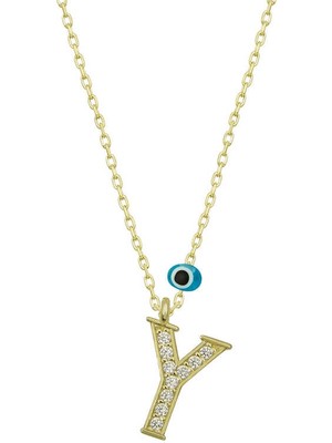 DMR Elegance Gümüş Nazar Gold Y Harfi Kadın Kolye