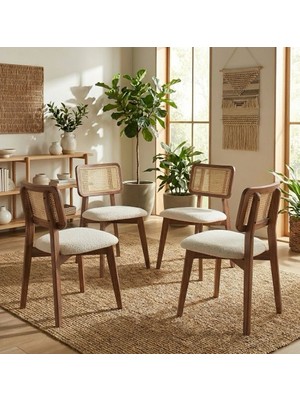 Silla Concept 4 Adet Zion Sandalye Teddy Krem Kumaş Hasırlı Ceviz Ahşap Sandalye (4 Adet)