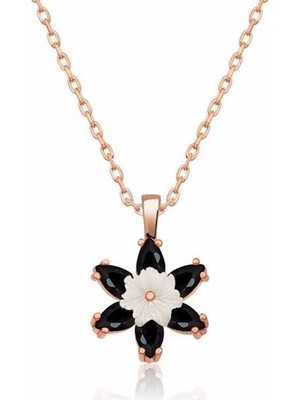 DMR Elegance Gümüş Rose Siyah Lotus Çiçeği Kolye