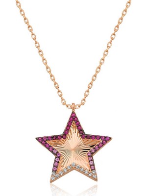 DMR Elegance Gümüş Rose Pembe Fırfır Desenli Yıldız Bayan Kolye