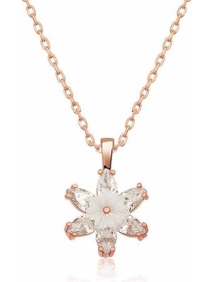 DMR Elegance Gümüş Rose Beyaz Lotus Çiçeği Kolye