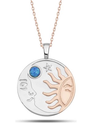 DMR Elegance Gümüş Rose Opal Mavi Taşlı Ay Güneş Kadın Kolye