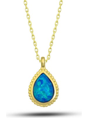 DMR Elegance Gümüş Gold Damla Mavi Opal Taşlı Kadın Kolye