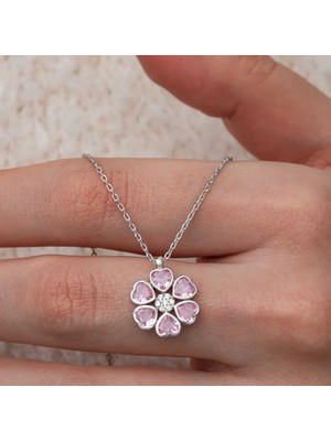 DMR Elegance Gümüş Pembe Kalpli Çiçek Kadın Kolye
