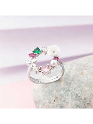 DMR Elegance Gümüş Ayarlanabilir Renkli Manolya Çiçeği Kadın Yüzük