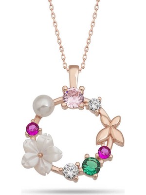 DMR Elegance Gümüş Rose Manolya Çiçeği Kelebek Kadın Kolye