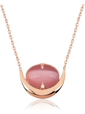 DMR Elegance Gümüş Pembe Kedi Gözü Taşlı Hilal Kolye