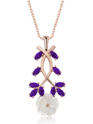 DMR Elegance Gümüş Rose Mor Yapraklı Bahar Çiçeği Kolye