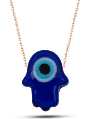 DMR Elegance Gümüş Rose Mavi Nazarlı Cam Fatma Ana Eli Kadın Kolye