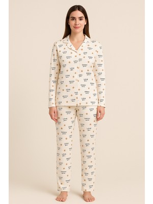 Bony Socks Kadın Yazı Desenli Düğmeli Pijama Takımı