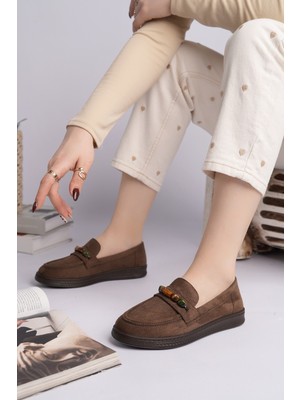 Muggo Aureva Boncuk Detaylı Süet Kadın Günlük Loafer Ayakkabı