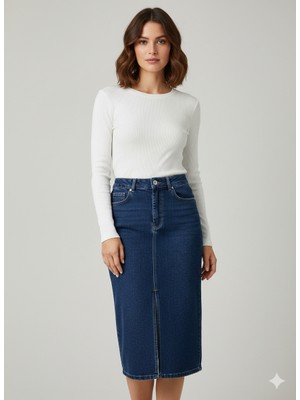 Ekol Önü Yırtmaçlı Midi Kot Etek 3042