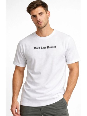 Nemere Erkek Wafıl Kumaş Tişört Regular Kalıp Bisiklet Yaka Baskılı Günlük Basic T-Shirt - Beyaz