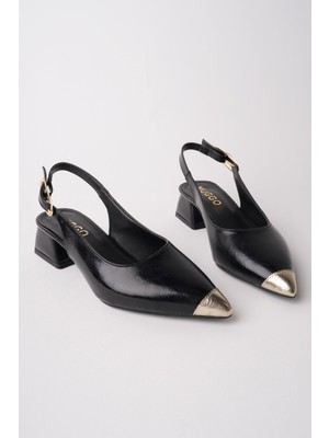 Muggo Chance Gold Burun Detaylı Sivri Burun Arkası Açık Kadın Kısa Topuklu Ayakkabı