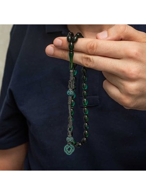 DMR Elegance Gümüş Kazaz Püsküllü Yeşil Sıkma Kehribar Tesbih